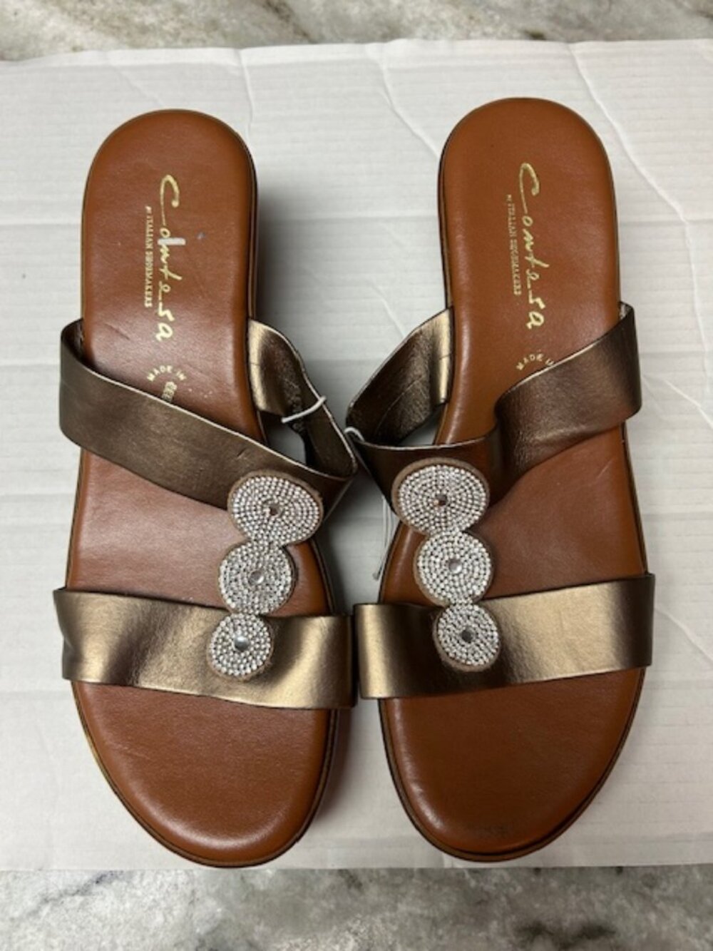 Contessa Bronze Wedge Sandals with Bling, Size 10